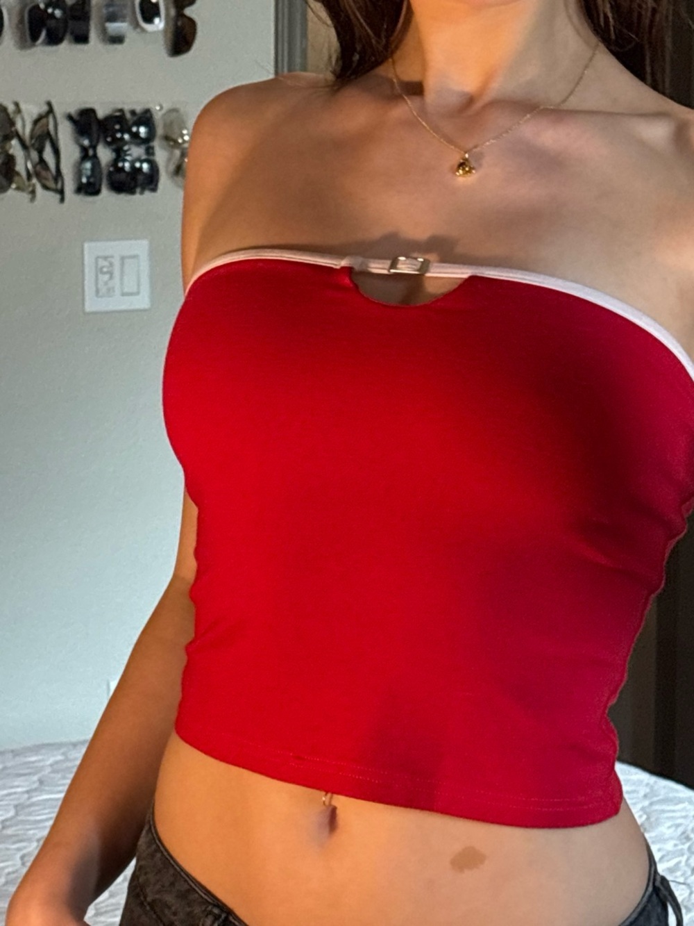 superdown Red Strapless Crop Top with White Trim and Front Clip